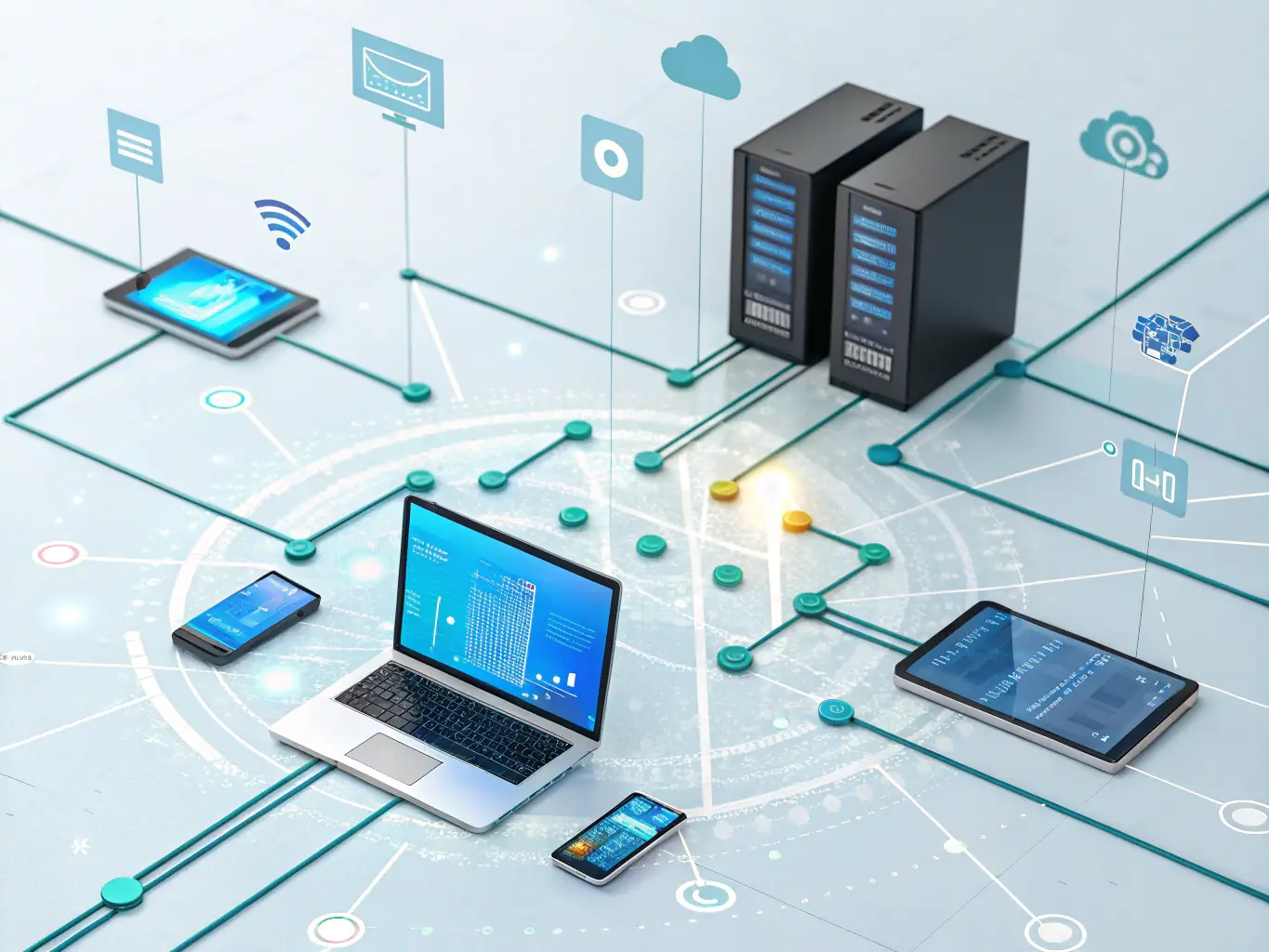 A visual representation of an IoT network with AI nodes, illustrating the intelligent communication and coordination between devices.