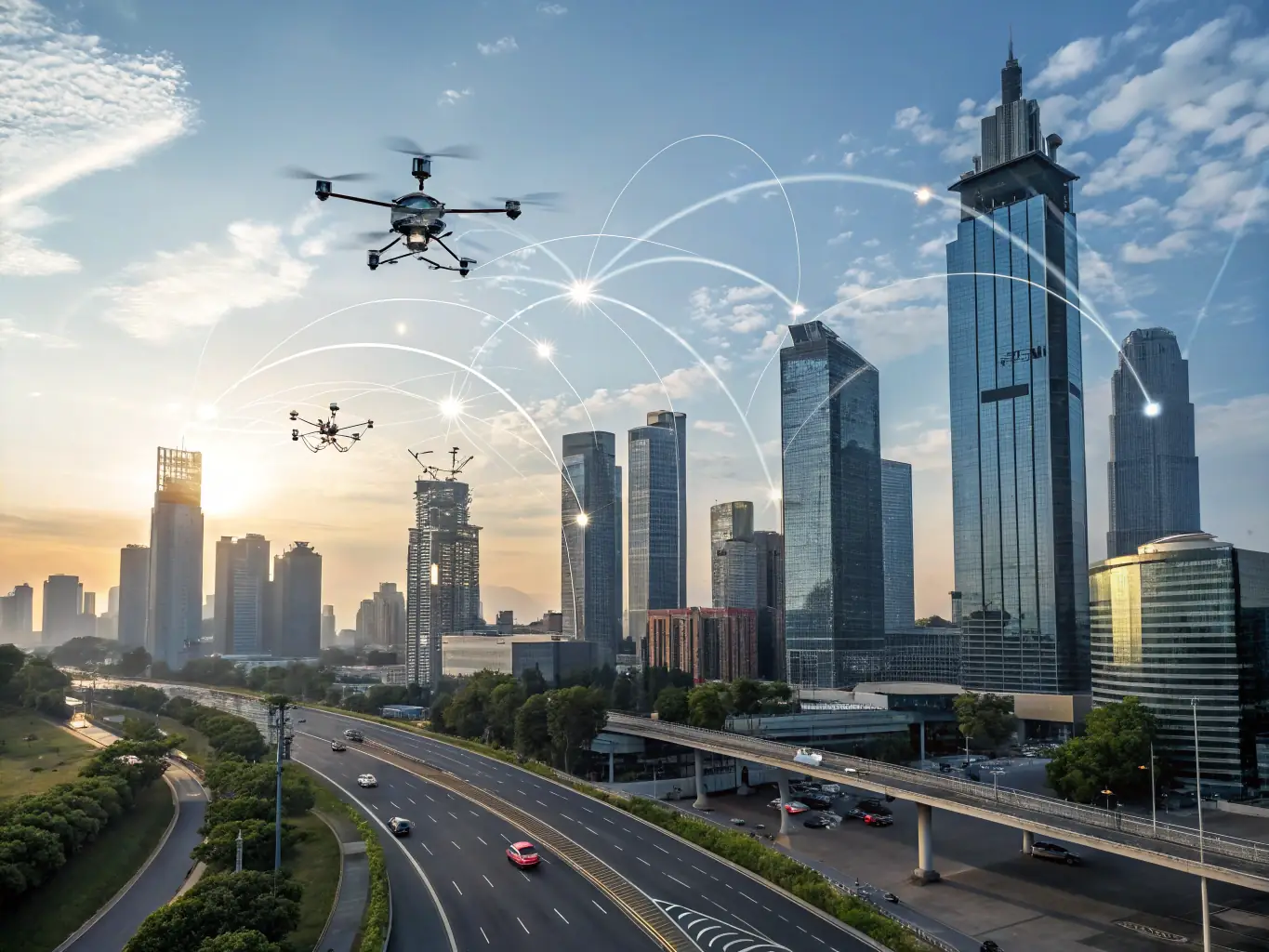 A futuristic cityscape with interconnected IoT devices, symbolizing the potential of smart, connected systems powered by ELR Software Design's innovative solutions.