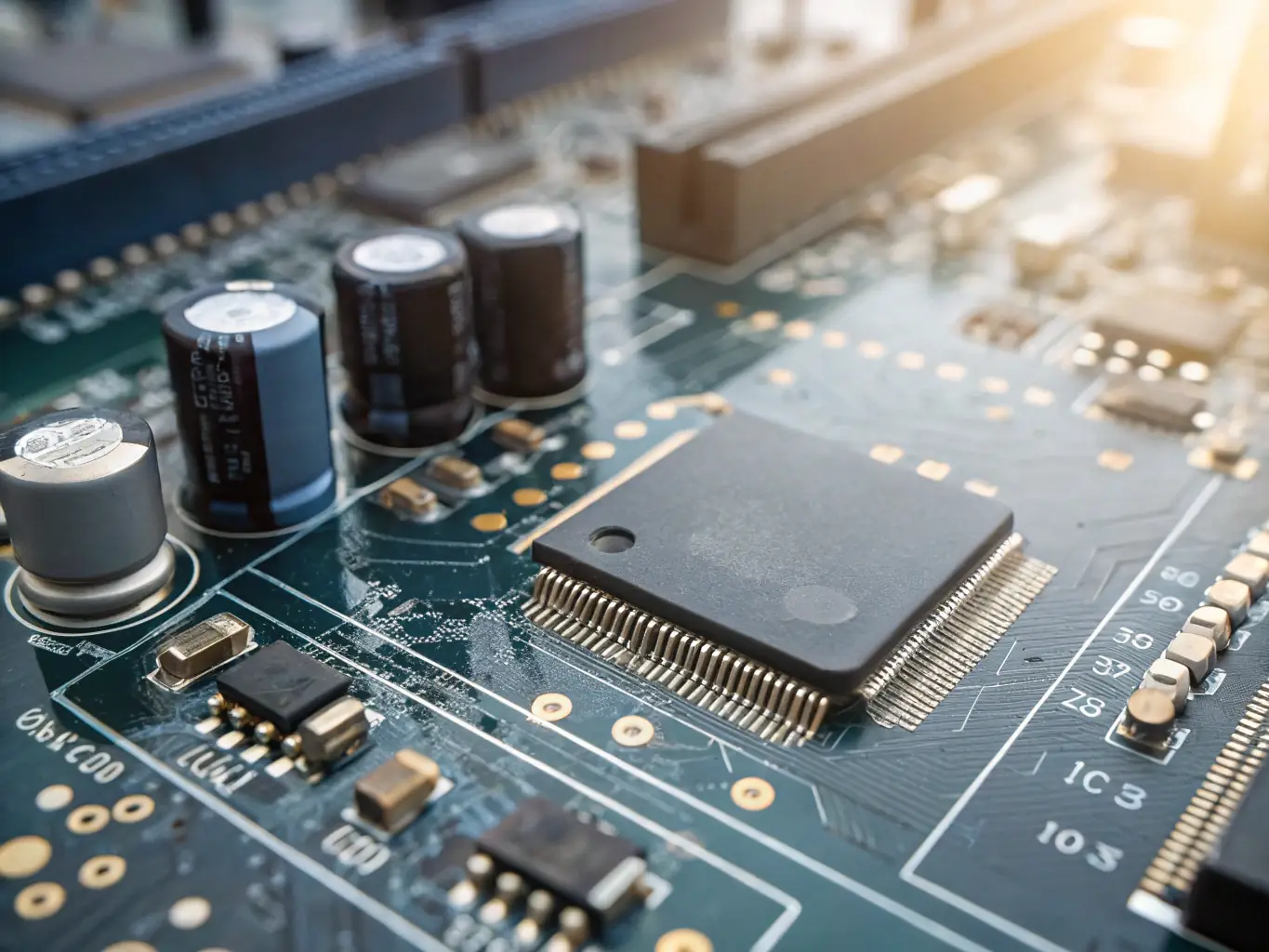 A close-up shot of an embedded system board with AI processing chips, highlighting the integration of AI technology within IoT hardware.