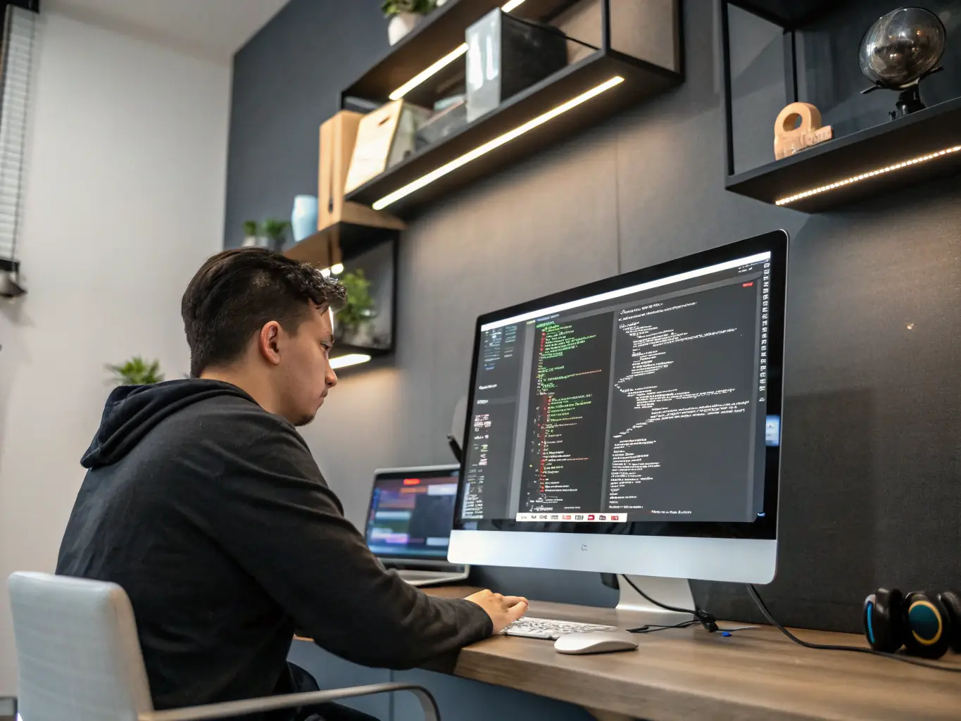 A developer working on embedded system code on a hardware device with multiple IoT sensors, showcasing the complexity and precision involved in custom embedded software development.