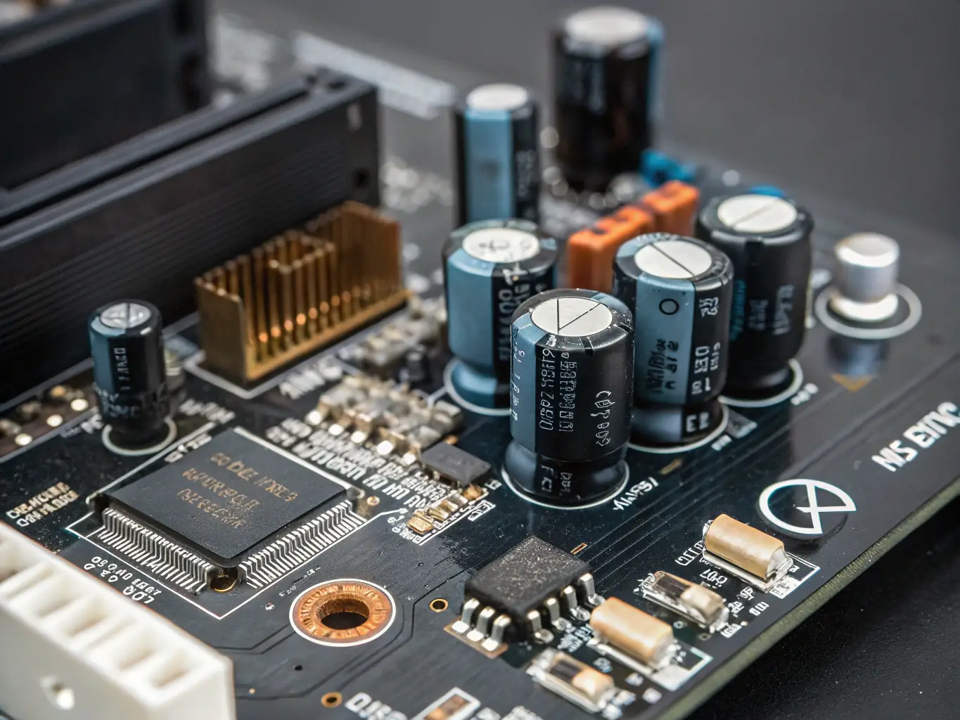 A close-up shot of a circuit board with various electronic components, highlighting the intricate design and technology involved in embedded systems.